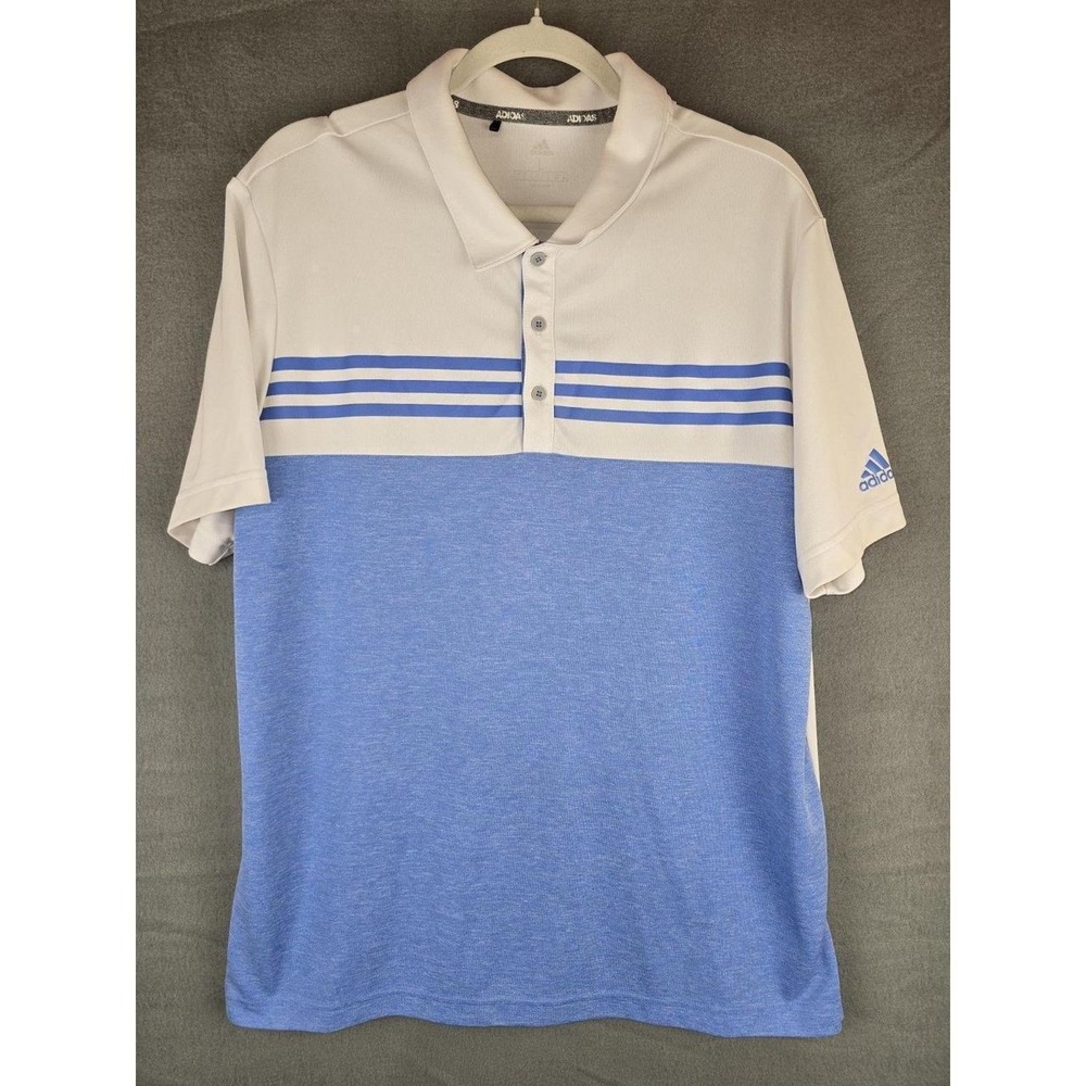 Adidas Mens Golf Polo Shirt Large White Blue Colorblock Striped Short Sleeve